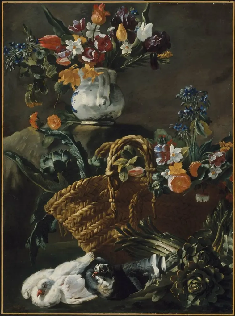 Still Life with Flowers, Vegetables and Pigeons, by Simone del Tintore, 1679
