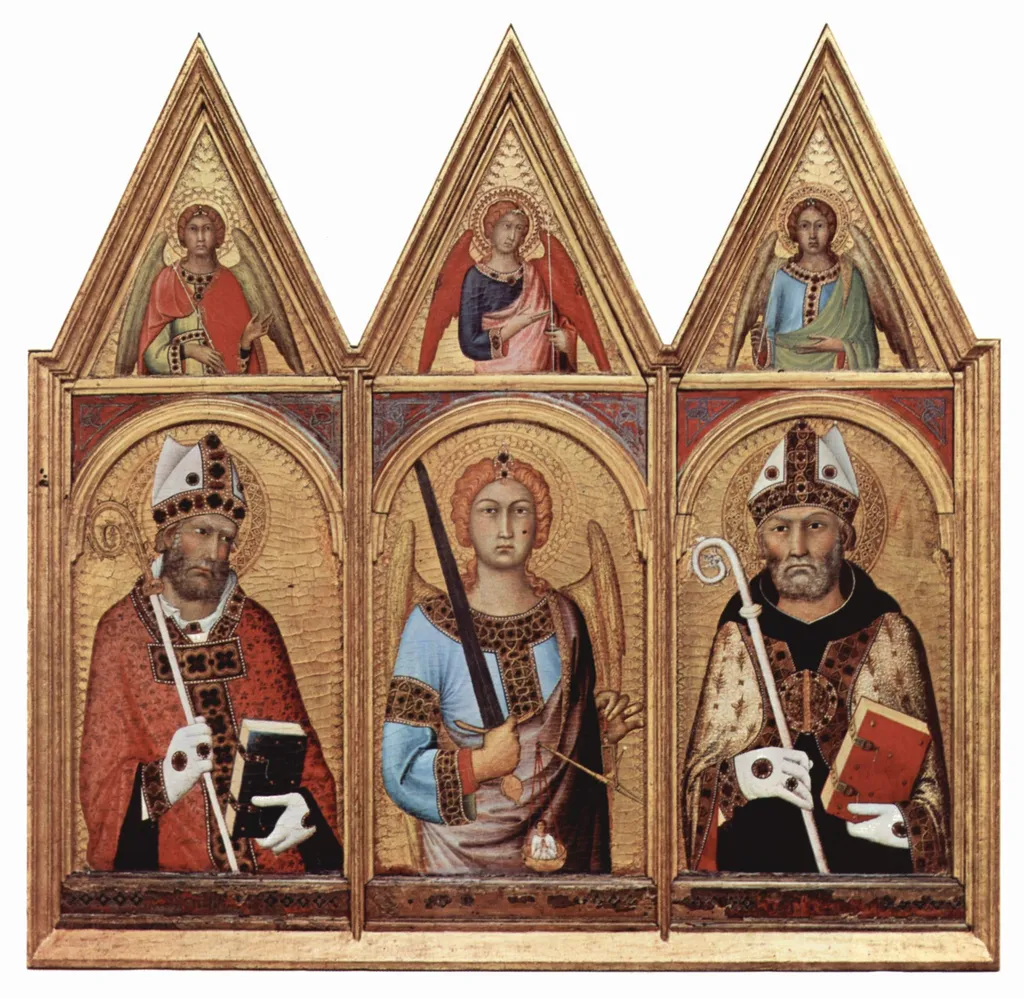 Cambridge altar retable. Scene: three saints with angels, from left: S. Geminianus, S. Michael, S. Augustinus, by Simone Martini, tempera, 1319