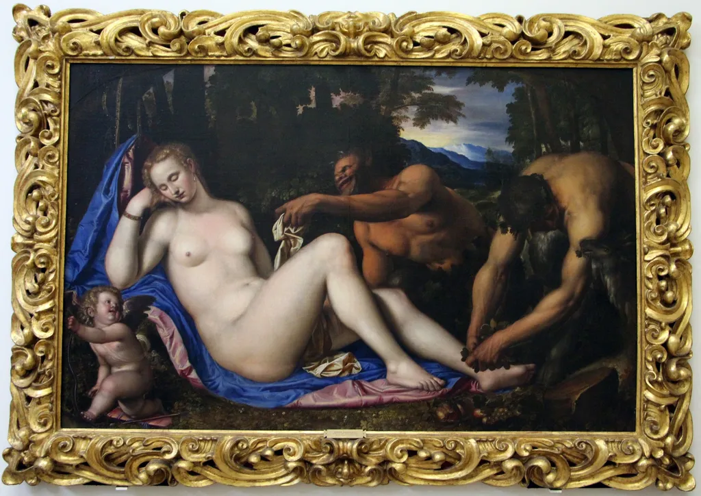 Venere e Cupido con due satiri in un paesaggio, by Simone Peterzano, unspecified, 1568