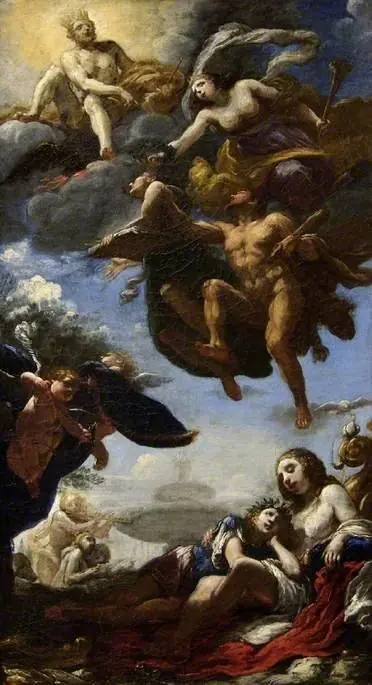 A poet, presented to Jupiter by Hercules, is crowned by Glory, below Venus, Cupid and the poet, by Simone Pignoni