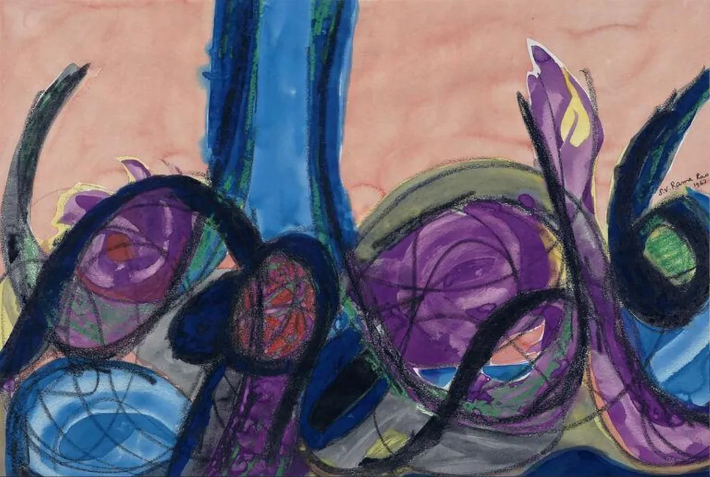 Composition in orange, purple and blue, by Siramdasu Venkata Rama Rao, watercolor, 1967