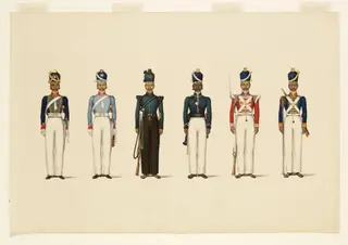 Six figures depicting military uniforms