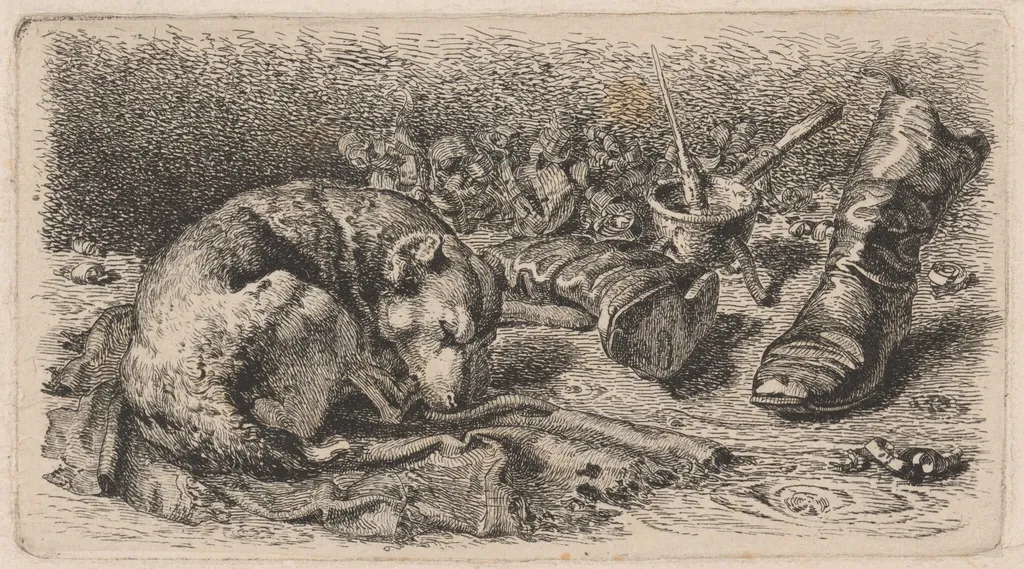 Dog Asleep Beside a Pair of Boots, by Sixt Thon, ink, 1859
