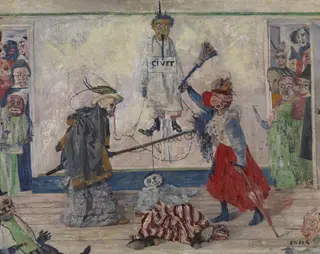 Skeletons fighting over a Hanged Man