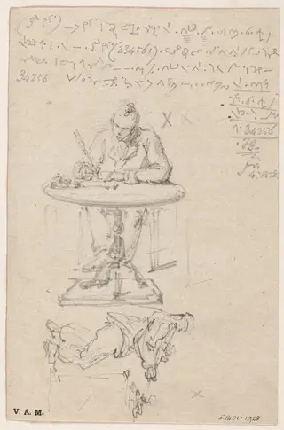 Sketches of a figure writing at a pedestal table, and a figure lighting a pipe