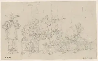 Sketches of figures at a foodstall