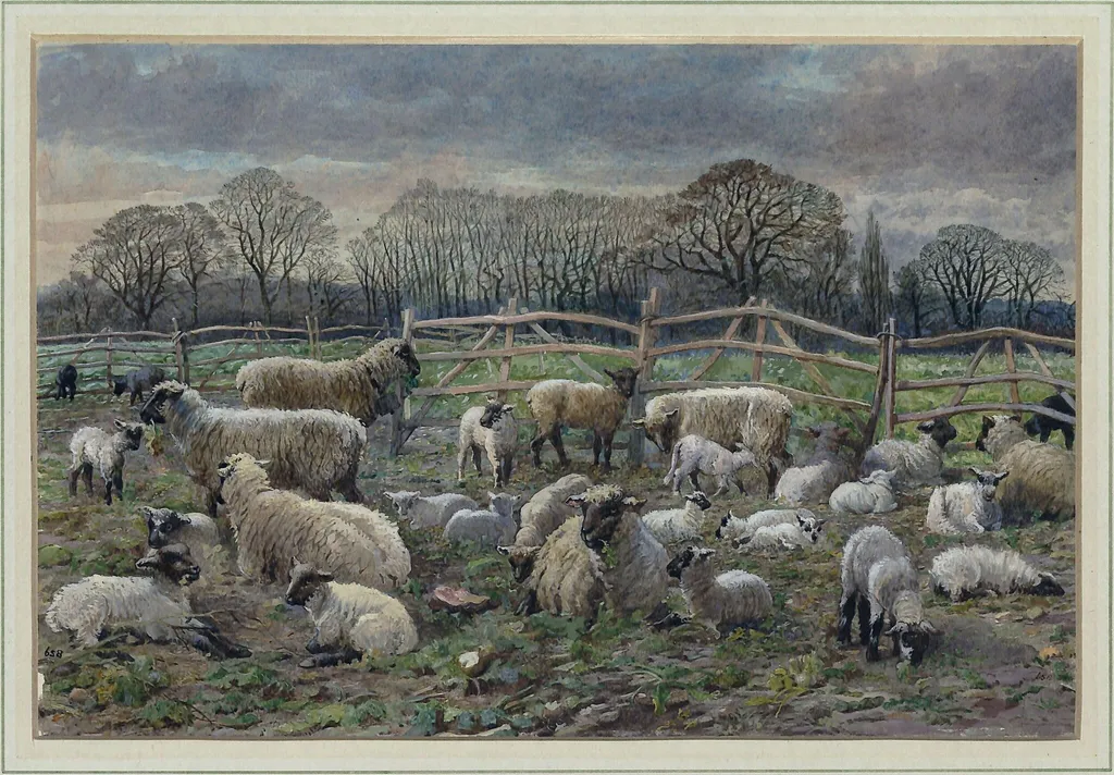 Sheep in a Turnip Field: Winter, by Skill, watercolor, 1866