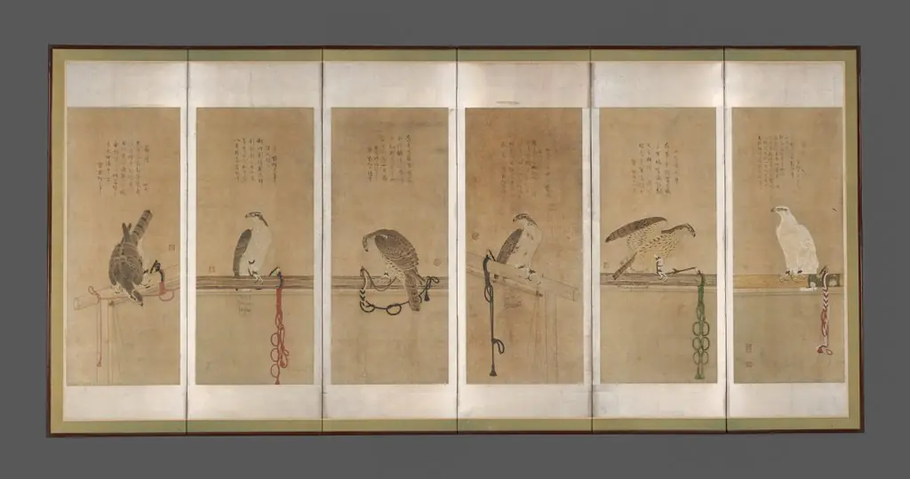 Tethered Hawks, by Soga Chokuan, 1600