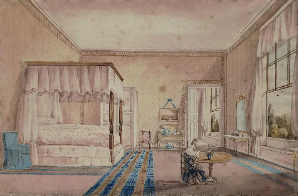 View of bedroom at Woodton Hall, Norfolk, by Sophia Mary Yelloly, watercolor, 1835