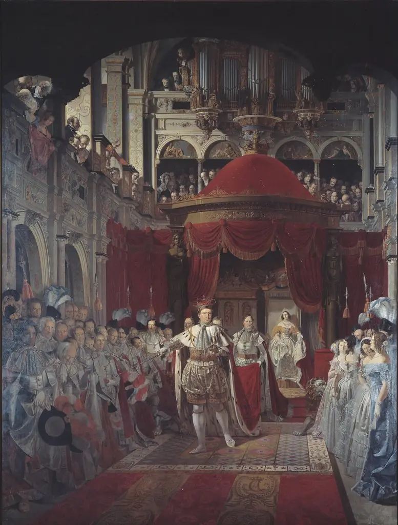 Christian VIII og Caroline Amalies salving i Frederiksborg Slotskirke den 28. juni 1840, by Sophus Schack, 1841