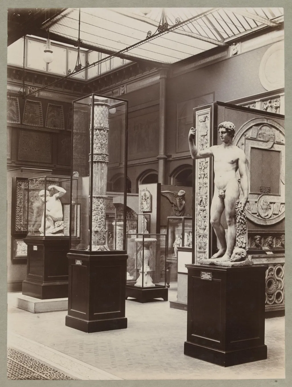 South Kensington Museum, Interior of North Court showing marble statues including statue of Jason and Narcissus, by South Kensington Museum, photographic, 1898