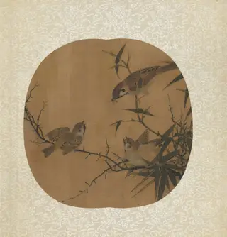 Sparrows, Bamboo, and a Tree