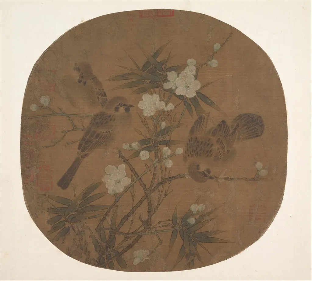 南宋 佚名 竹梅小禽圖 團扇|Sparrows, plum blossoms, and bamboo, ink, 1183