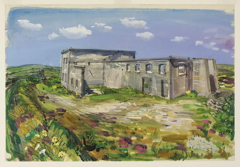 Derelict china clay works, Belowda Beacon, Roche, by Spear, watercolor, 1940
