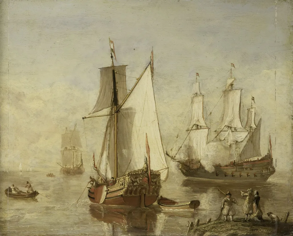Speeljacht (Pleasure Yacht) and Warship, oil, 1694