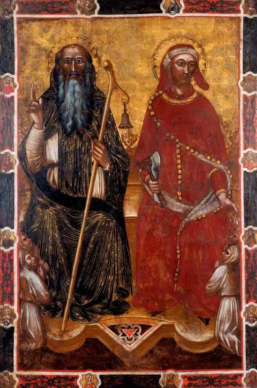 Saint Anthony Abbot and Saint Eligius with Two Pairs of Kneeling Worshippers (one side of a processional banner) (formerly attributed to Barnaba da Modena), by Spinello Aretino