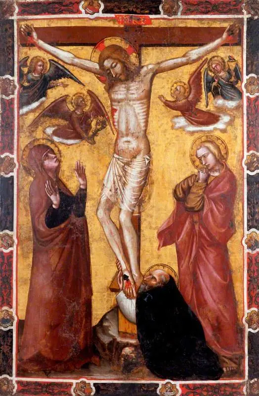 The Crucifixion with the Virgin and Saint John; Saint Anthony Abbot at the Foot of the Cross (one side of a processional banner) (formerly attributed to Barnaba da Modena), by Spinello Aretino