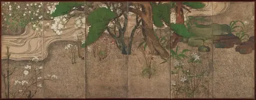 渓流春秋草木図屏風|Spring Trees and Grasses by a Stream