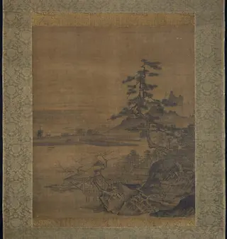 Spring View from a Thatched Pavilion on the Lakeshore