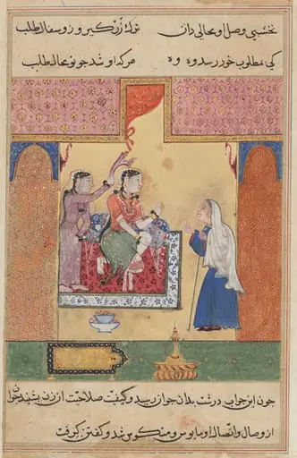 The old procuress conveys the young man’s message of love to Mansur’s wife, from a Tuti-nama (Tales of a Parrot: Seventeenth Night, by Sravana