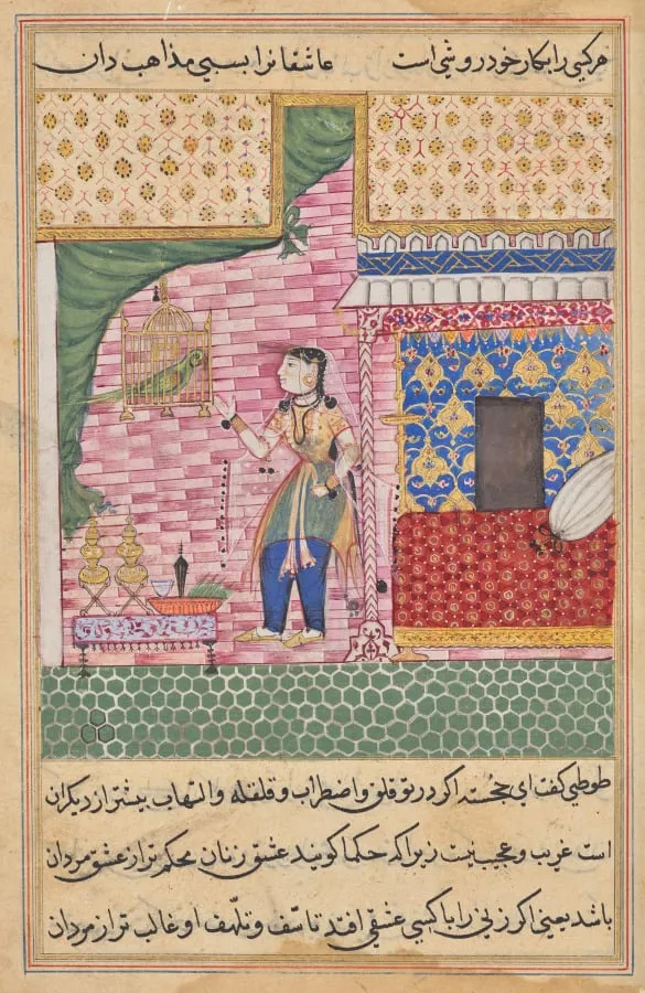 The Parrot Addresses Khujasta at the Beginning of the Seventeenth Night, from a Tuti-nama (Tales of a Parrot), by Sravana, unspecified, 1560