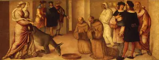 St. Anthony of Padua orders the mule of the heretic Bovidilla to kneel in front of the host
