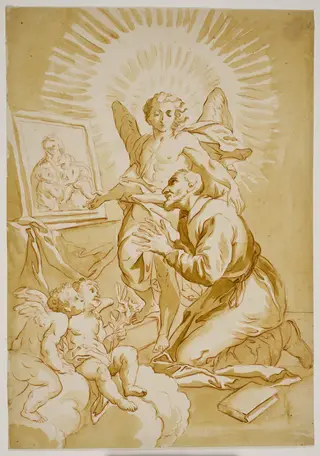 St Philip Neri adoring a painting of the Madonna shown to him by an angel