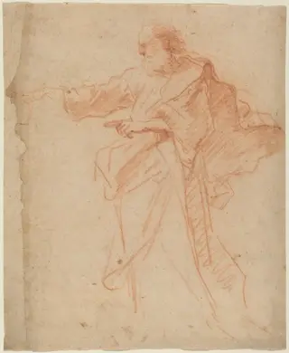 Standing Bearded Man Pointing Toward the Left