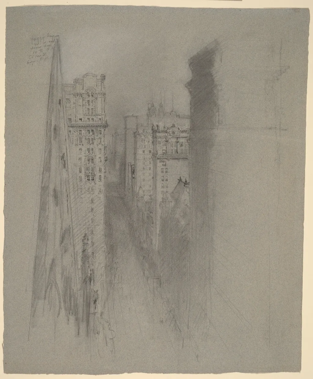 North on Broadway from Trinity Church, by Stanford White, graphite, 1900