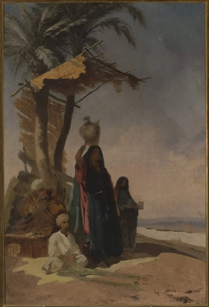 Eastern genre scene under a palm tree, by Stanisław Chlebowski