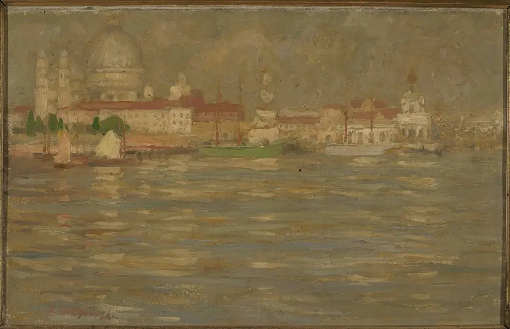 View of the city at waterside, by Stanisław Chlebowski