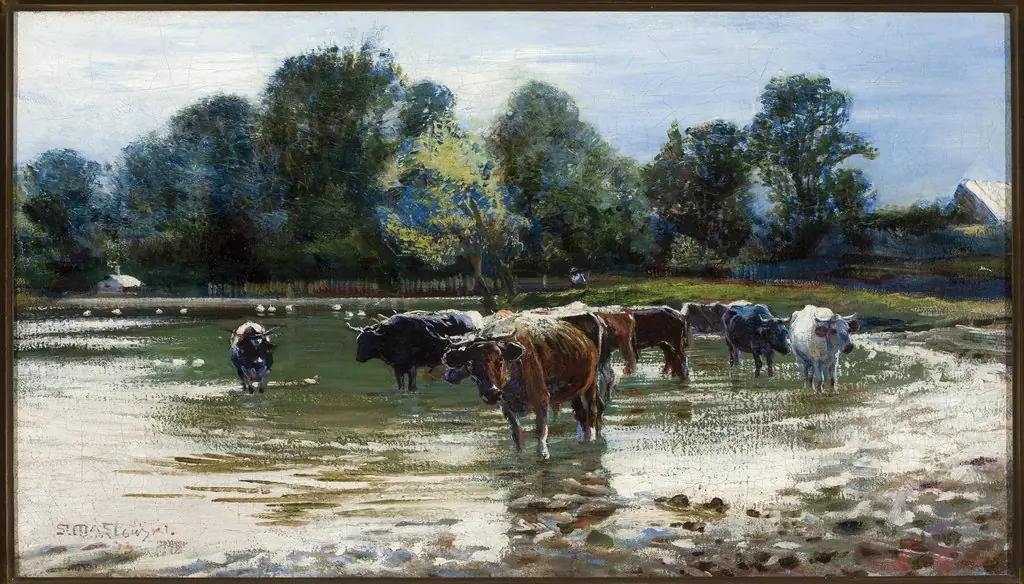 Cows wading in the river, by Stanisław Masłowski