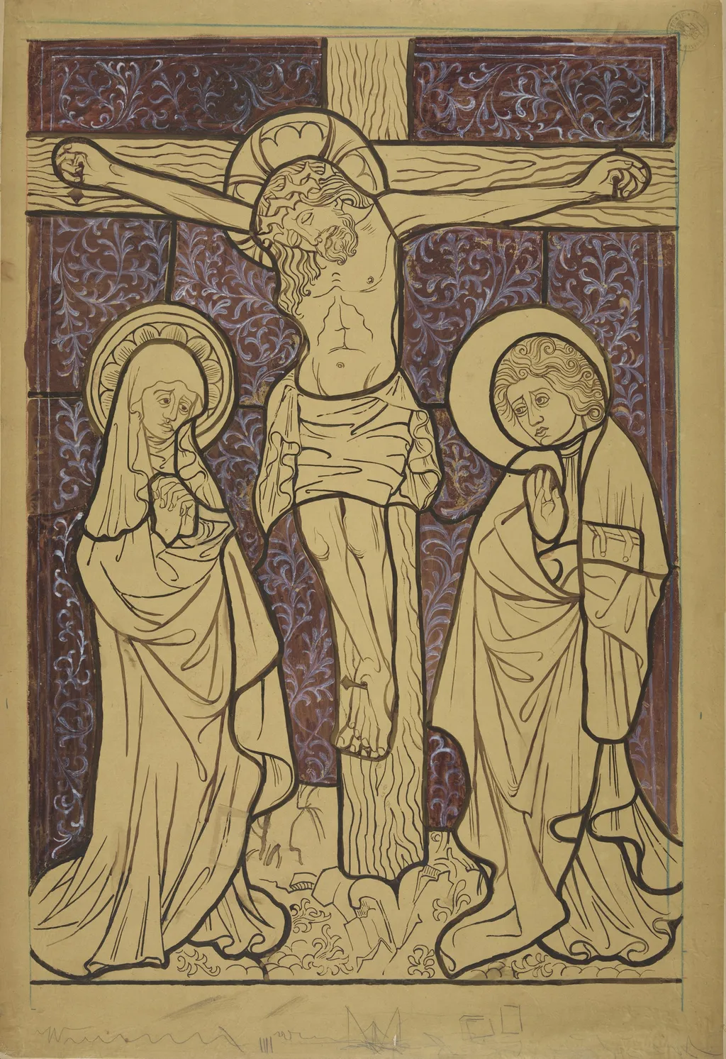 Crucifixion. Artistic reconstruction of a stained-glass panel from the Dominican church in Kraków, by Stanisław Wyspiański, gouache, 1898