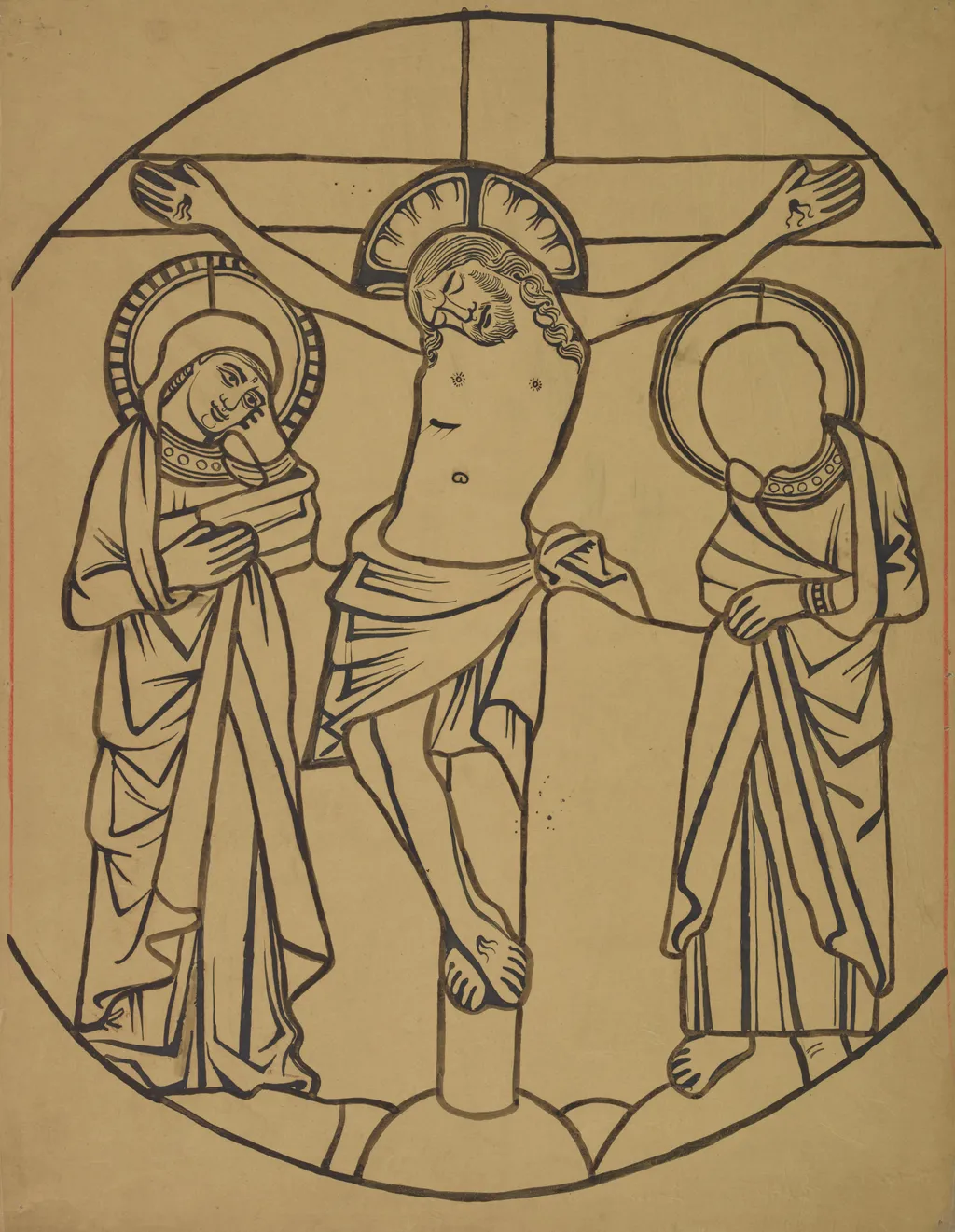 Crucifixion. Artistic reconstruction of a stained-glass panel from the Dominican church in Kraków, by Stanisław Wyspiański, ink, 1898