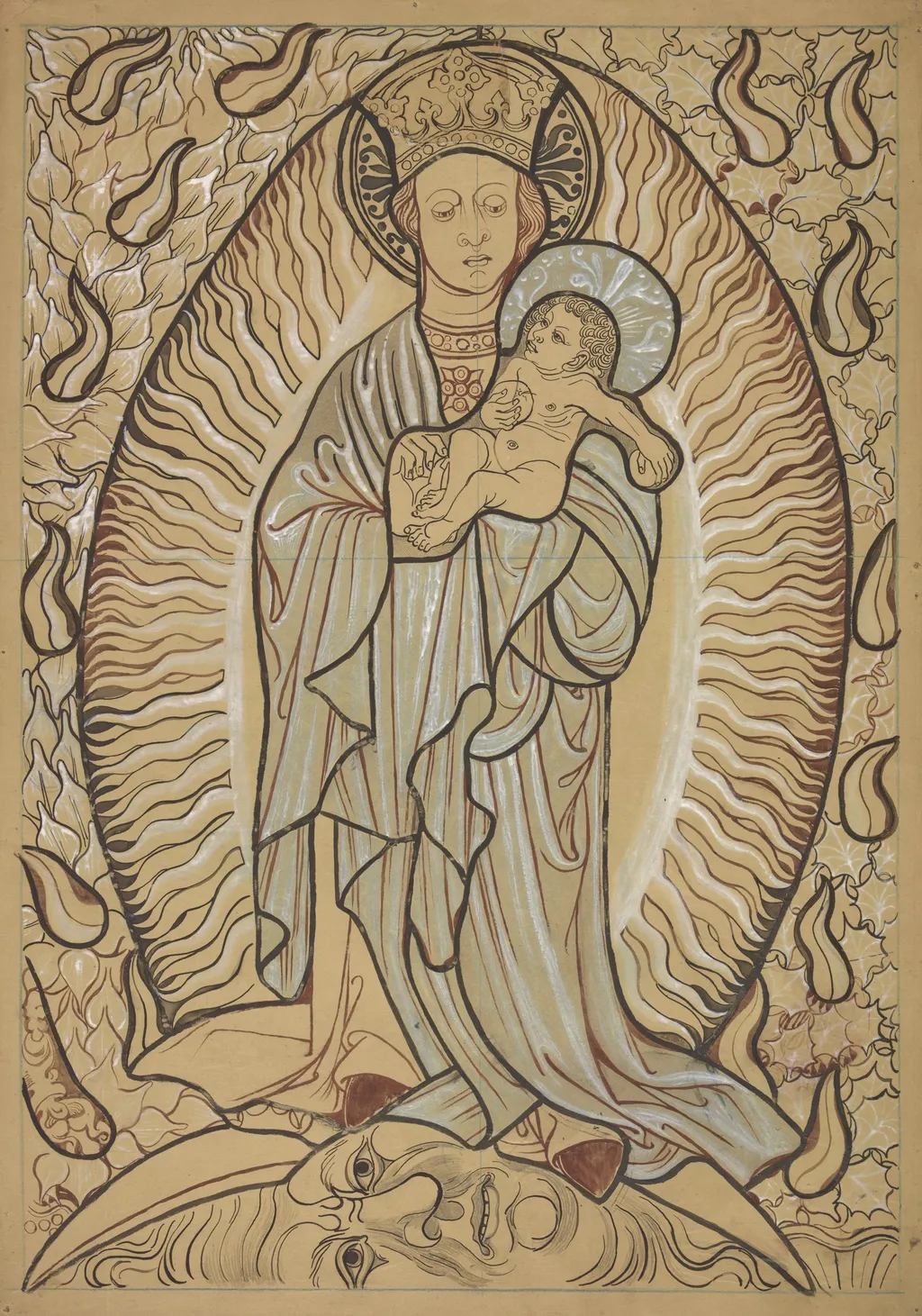 Madonna and Child. Artistic reconstruction of a stained-glass panel from the Dominican church in Kraków, by Stanisław Wyspiański, gouache, 1898
