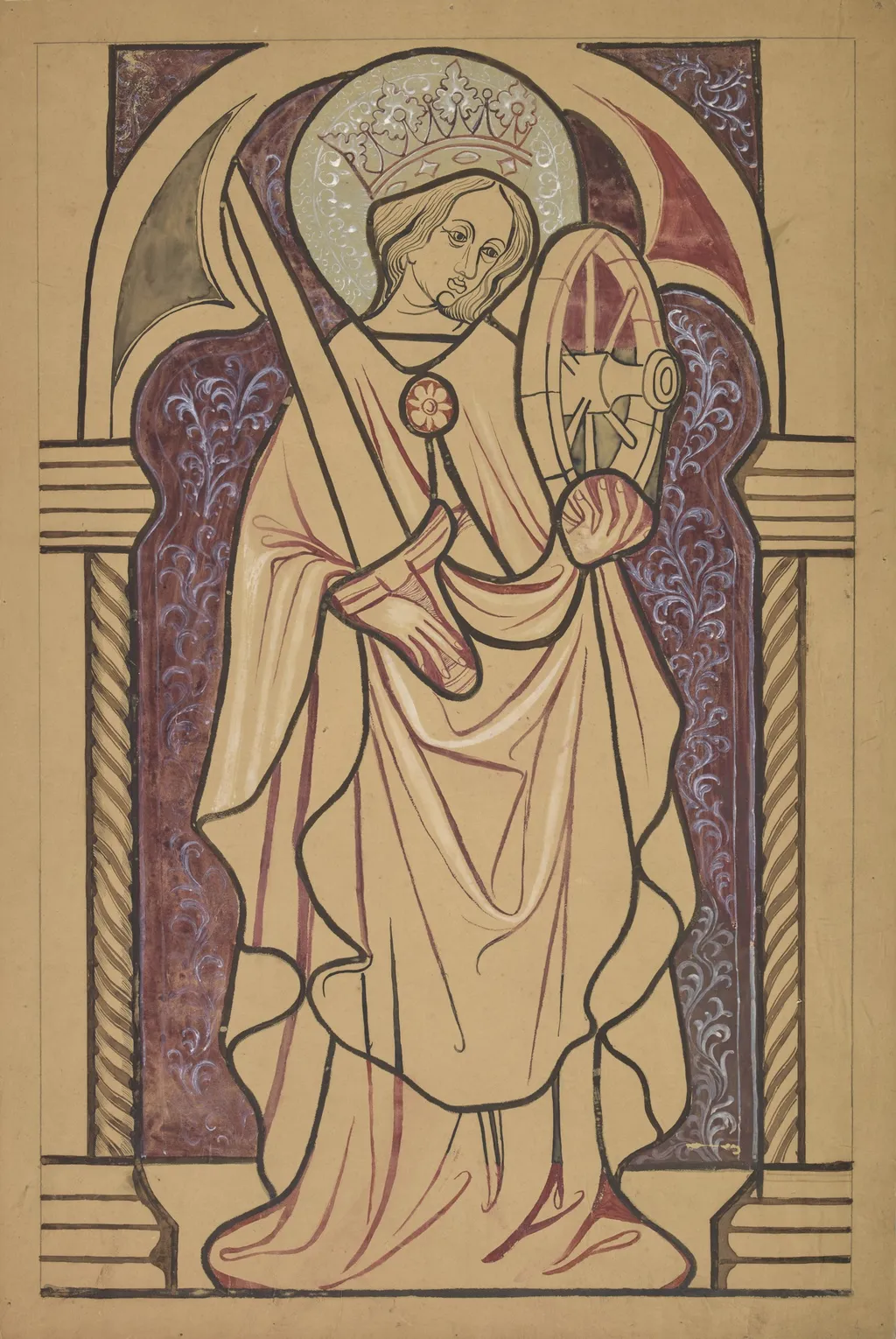 Saint Catherine of Alexandria. Artistic reconstruction of a stained-glass panel from the Dominican church in Kraków, by Stanisław Wyspiański, gouache, 1898