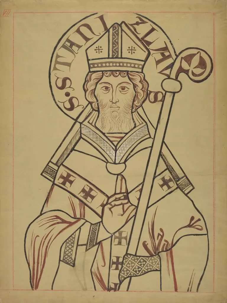 Saint Stanislaus, bishop. Artistic reconstruction of a stained glass panel from the Dominican church in Kraków, by Stanisław Wyspiański