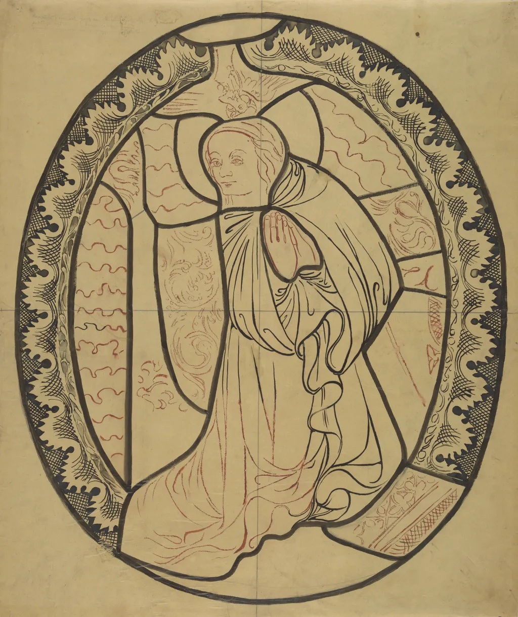 The Blessed Virgin Mary from the scene "Annunciation" (right part). Artistic reconstruction of a stained-glass panel from the Dominican church in Kraków, by Stanisław Wyspiański, ink, 1898