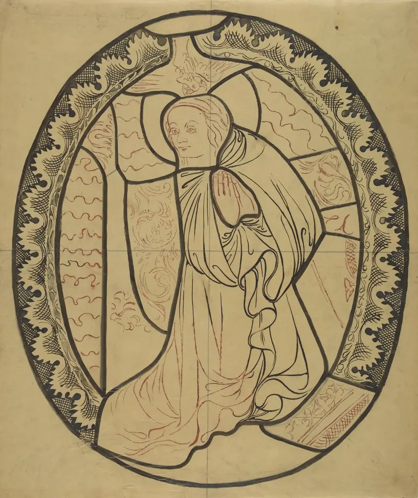The Blessed Virgin Mary from the scene "Annunciation" (right part). Artistic reconstruction of a stained-glass panel from the Dominican church in Kraków, by Stanisław Wyspiański