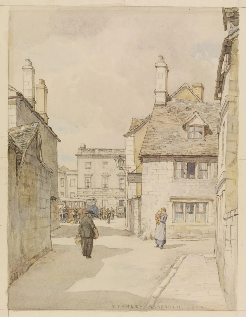 The Bus Stop, Painswick, Gloucestershire, by Stanley Anderson, watercolor, 1940
