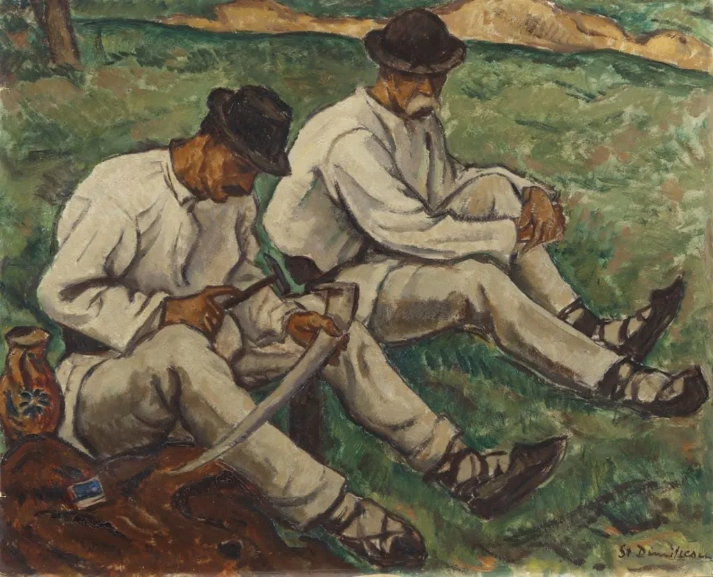 Țărani pe câmp (Ascuțind coasa), by Ștefan Dimitrescu, 1920