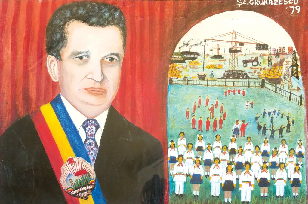 Tablou, ulei pe pânză, Nicolae Ceaușescu și copii, semnat și datat în partea dreaptă sus Șt. Grumăzescu, 1979. Nicolae Ceaușescu este prezentat în partea stângă urmărind o festivitate - pionieri, copii dansând în horă. Maniera de realizare a tabloului este una naivă. Oferit de Ștefan Grumăzescu din București., by Ștefan Grumăzescu