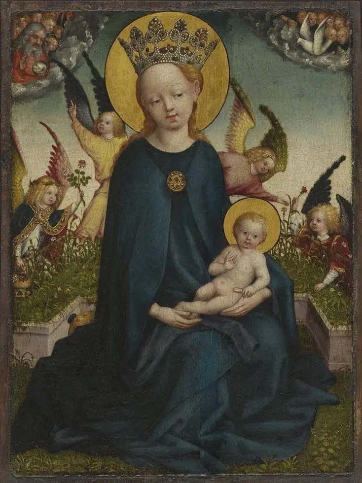 Mary with the Christ-child next to a plant trough, by Stefan Lochner