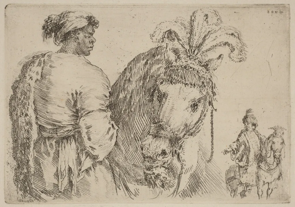 A Black Man Feeding a Horse, by Stefano Della Bella, ink, 1662