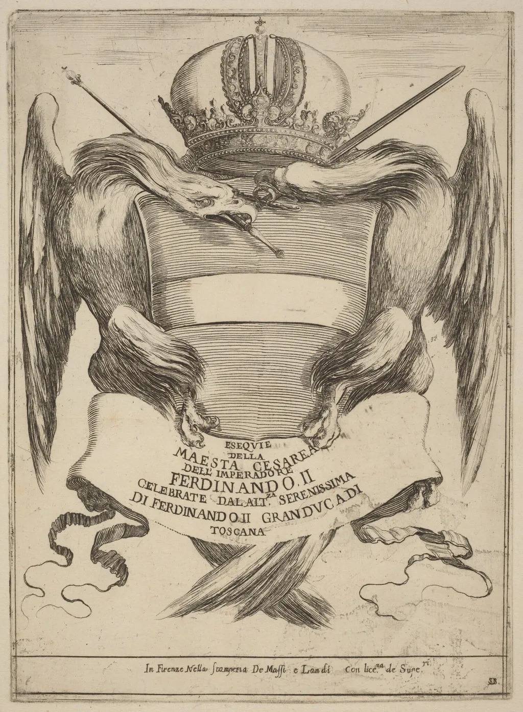 Arms with a Dedication to Grand Duke Ferdinand II, by Stefano Della Bella, ink, 1637