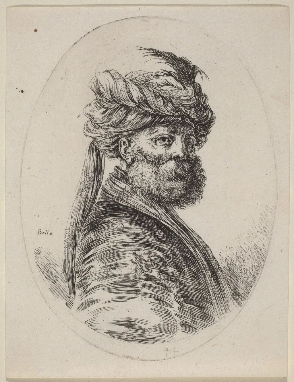 Bearded Moor in a Feathered Turban with a Veil, Turned to the Right, by Stefano Della Bella, ink, 1650
