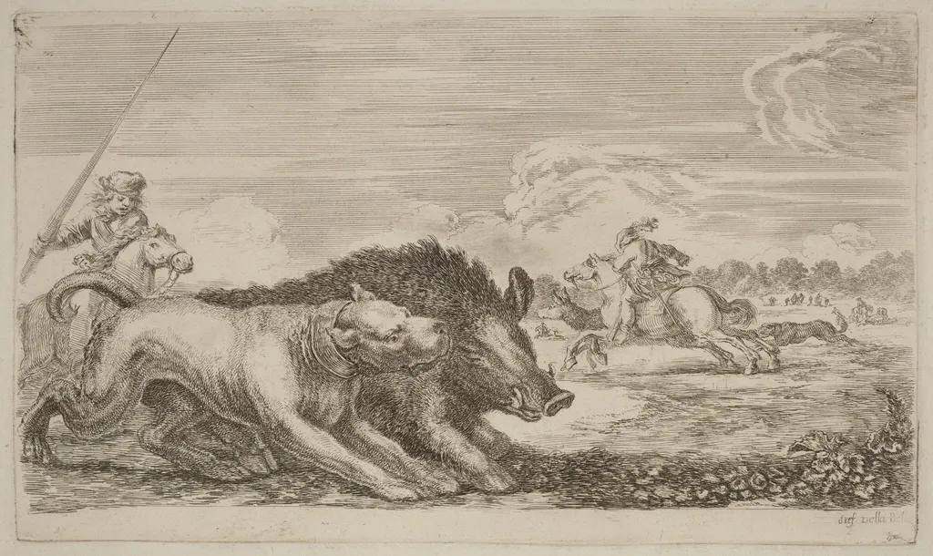 Boar Chased by a Dog, by Stefano Della Bella, ink, 1637