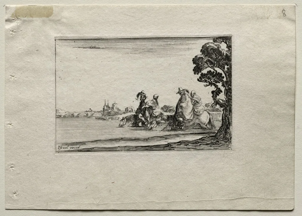 Caprices: Cavaliers Watering their Horses in a River, by Stefano Della Bella, 1642