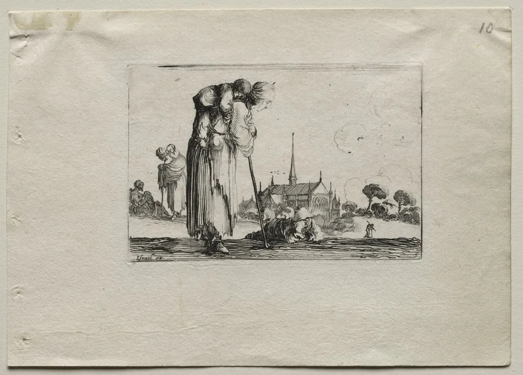 Caprices: Standing Beggar Woman Carrying a Child on her Back, by Stefano Della Bella, 1642