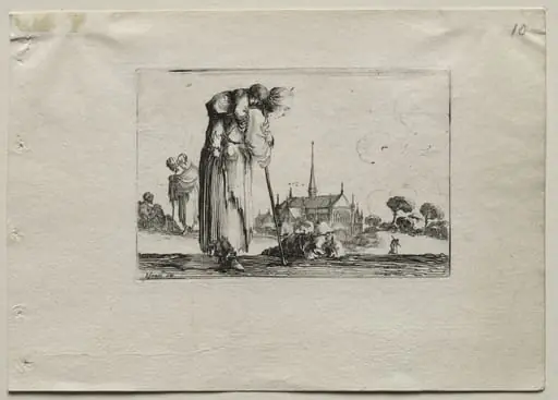 Caprices:  Standing Beggar Woman Carrying a Child on her Back, by Stefano Della Bella